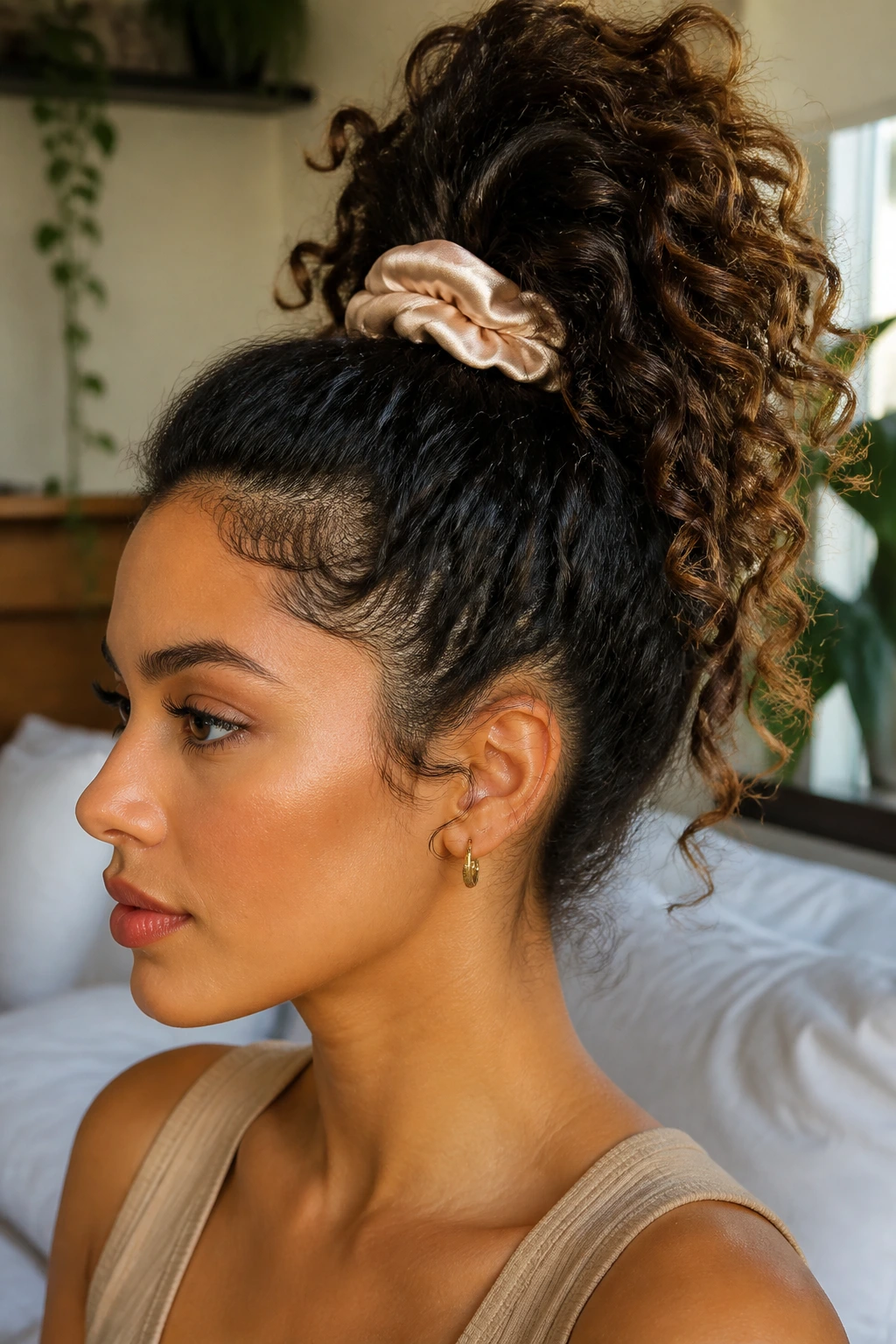 Close-up of a real woman's head with a high pineapple ponytail of curly hair.