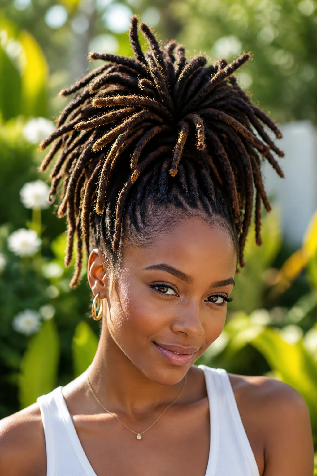 Person with high pineapple ponytail loc hairstyle in natural light.
