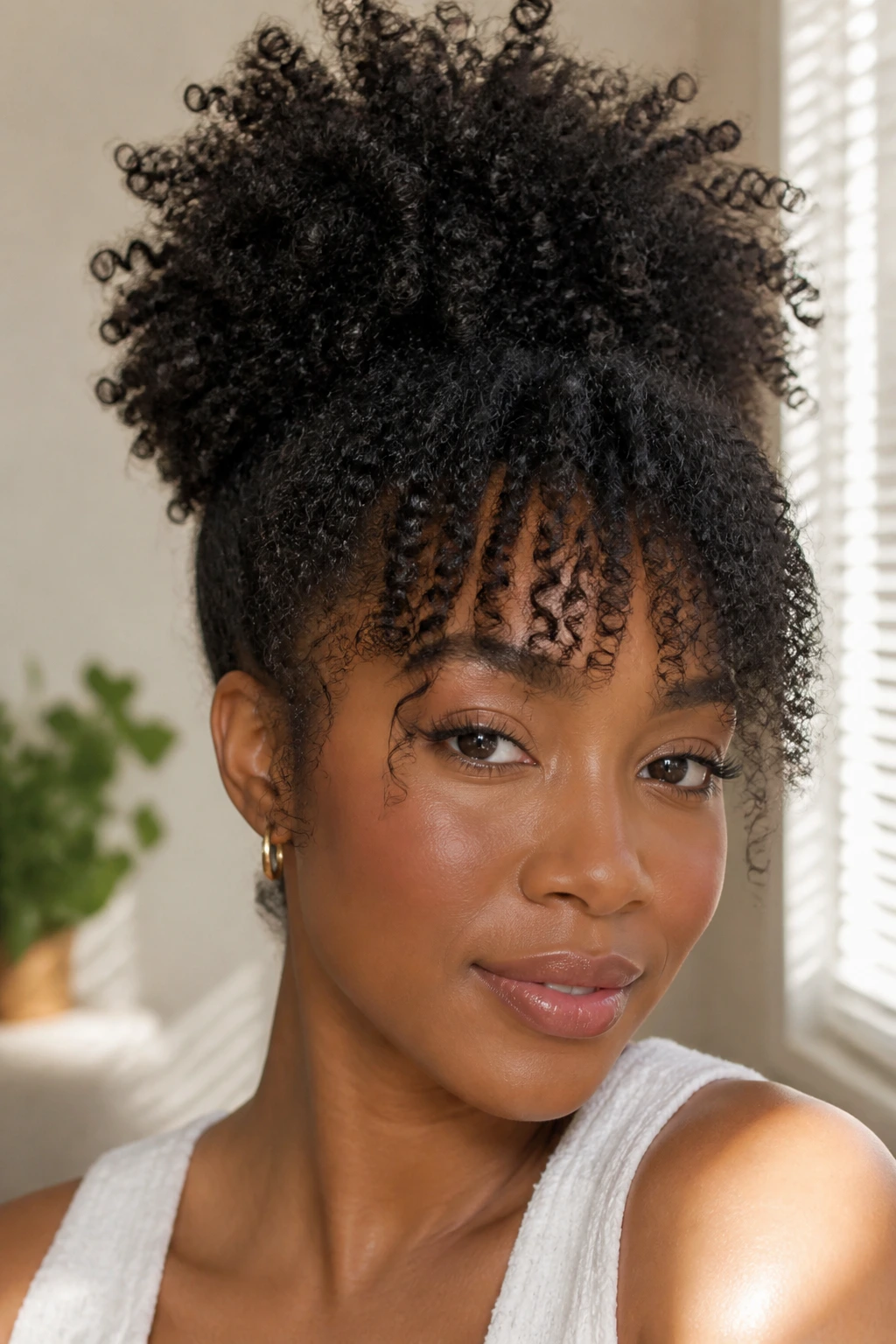 Close-up of a real Black woman with a high pineapple puff and bangs