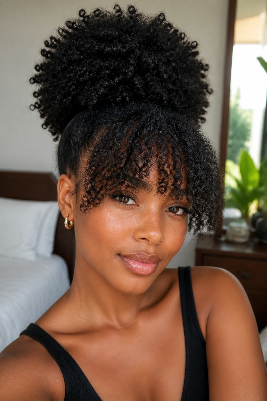 Close-up of a Black woman with a high pineapple puff and front bangs.