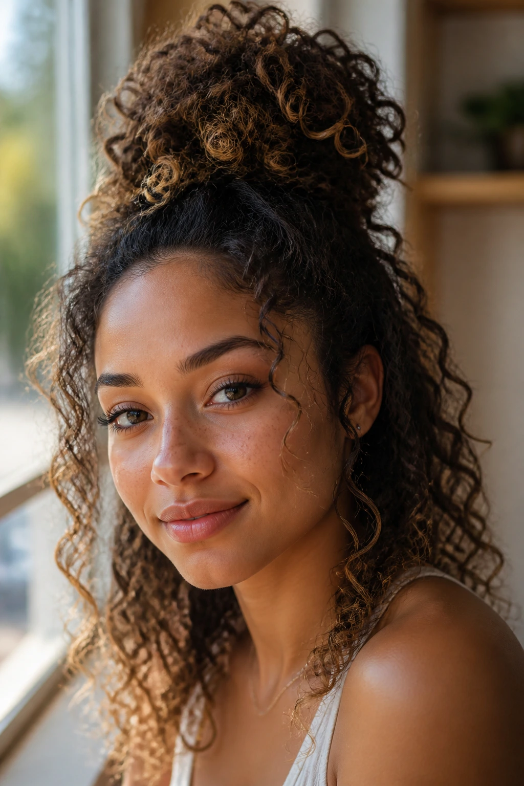 Close-up of real person with a high pineapple puff and soft curly ends