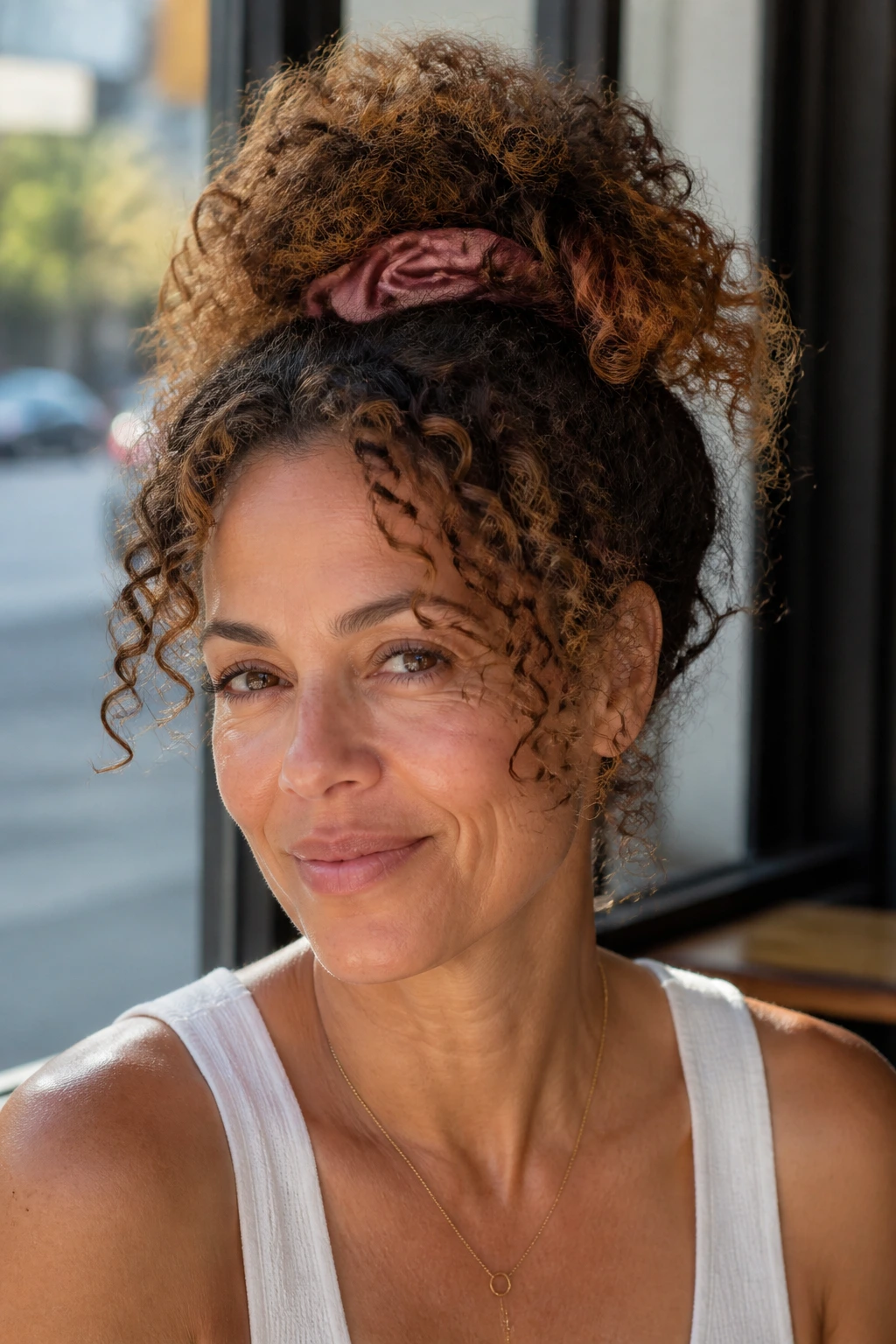 Close-up of a real woman with a pineapple puff on curls and satin scrunchie