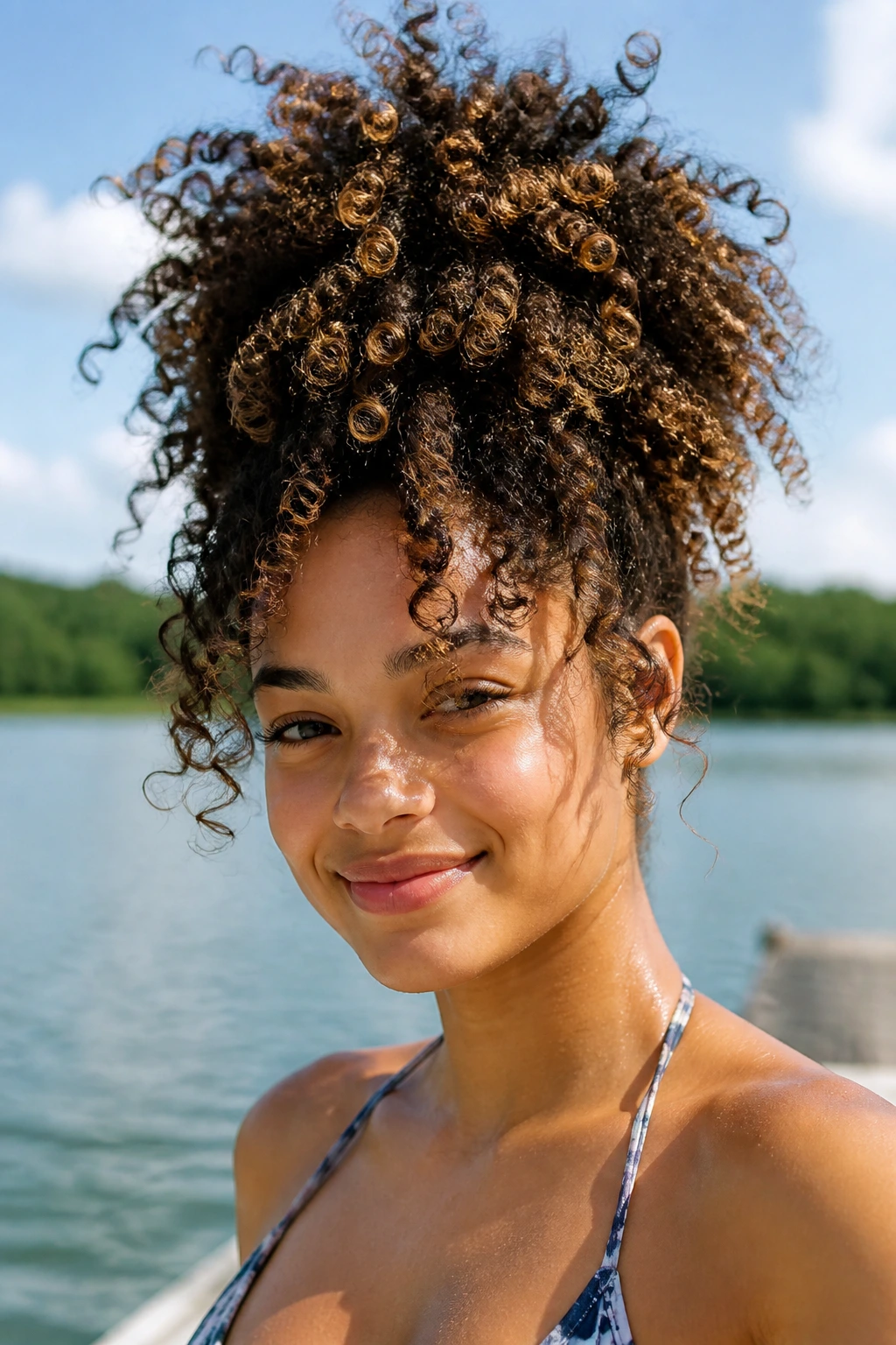 Close-up of real woman with a high pineapple puff at a lakeside.