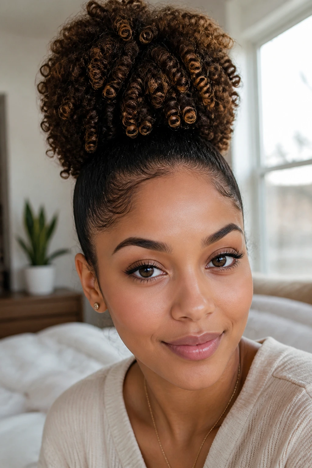 Close-up portrait of a real woman with a high curly pineapple puff.