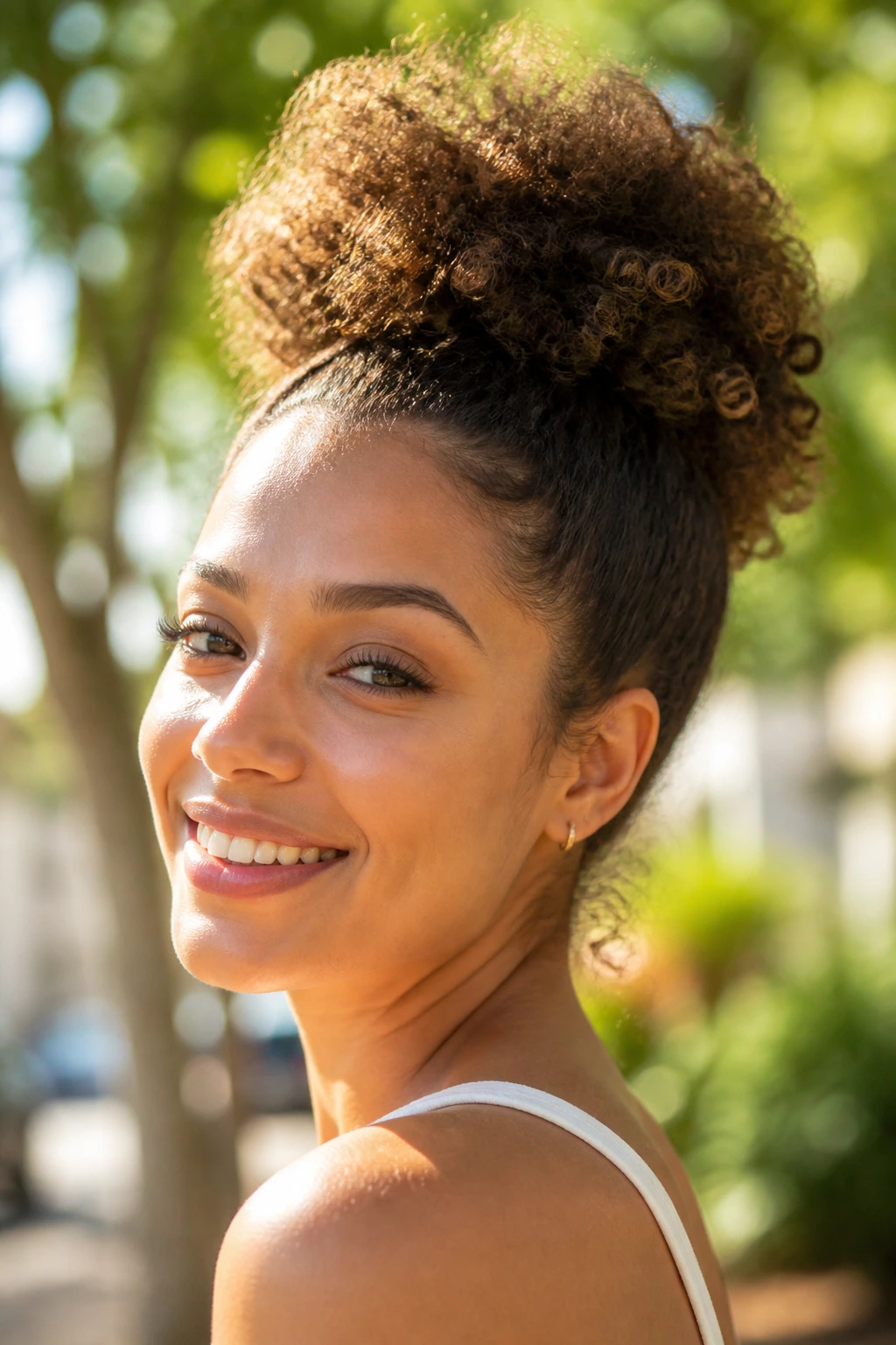 Real person with a high pineapple puff hairstyle.