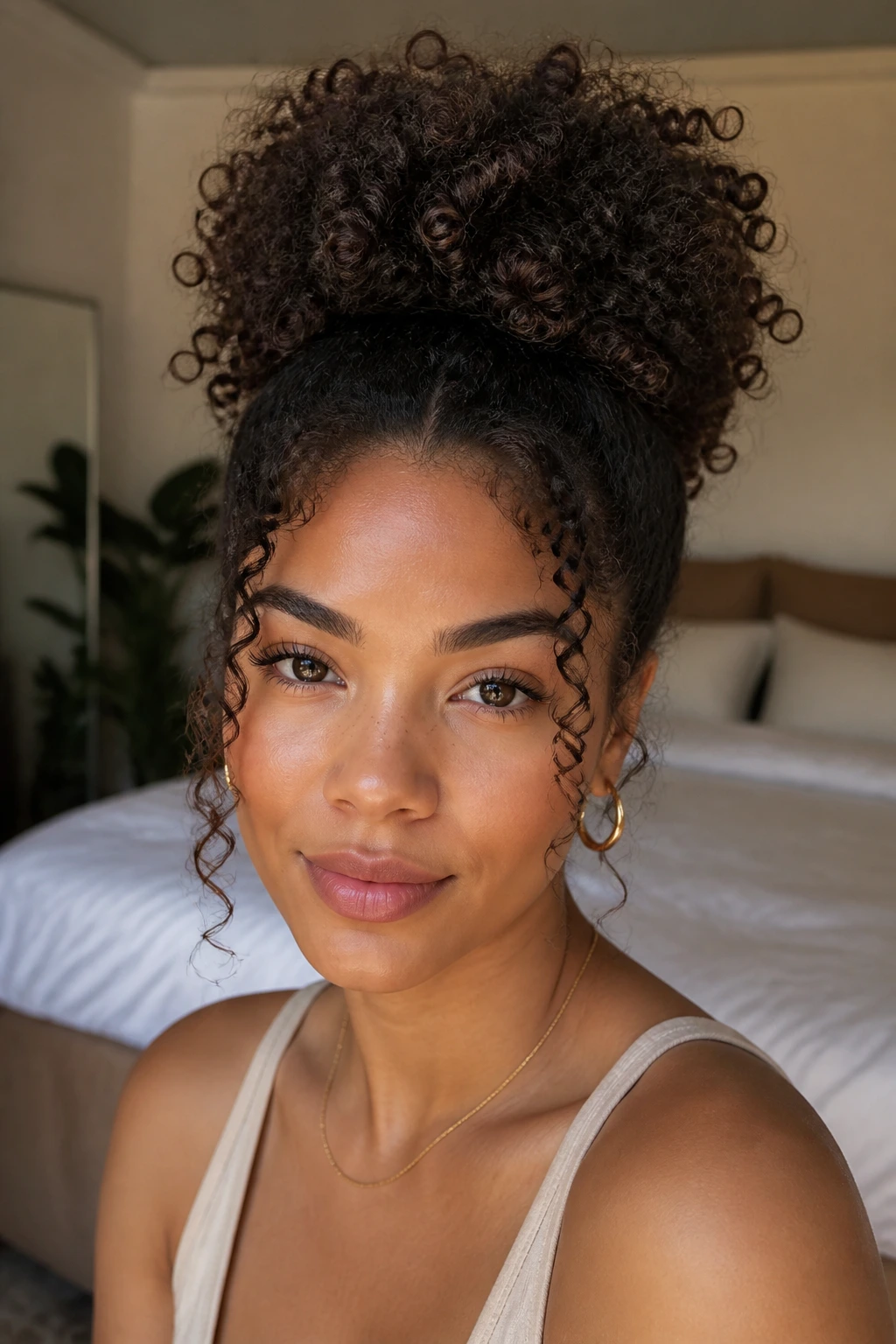 Close-up of a real woman with a high pineapple puff and tendrils framing the temples.