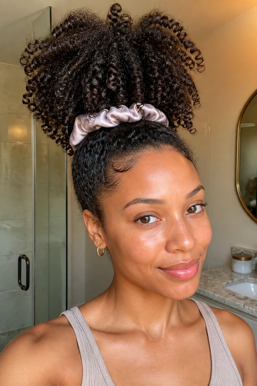 Close-up of a real person showing a pineapple puff hairstyle on thick curly hair