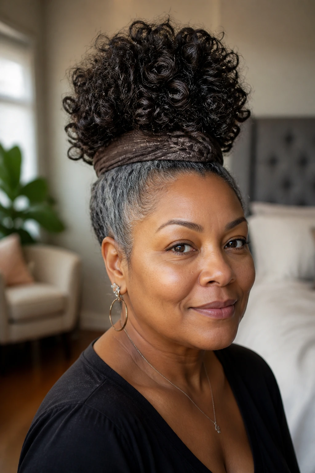 Close-up of a real woman with a high pineapple puff and wrapped base camouflaging gray