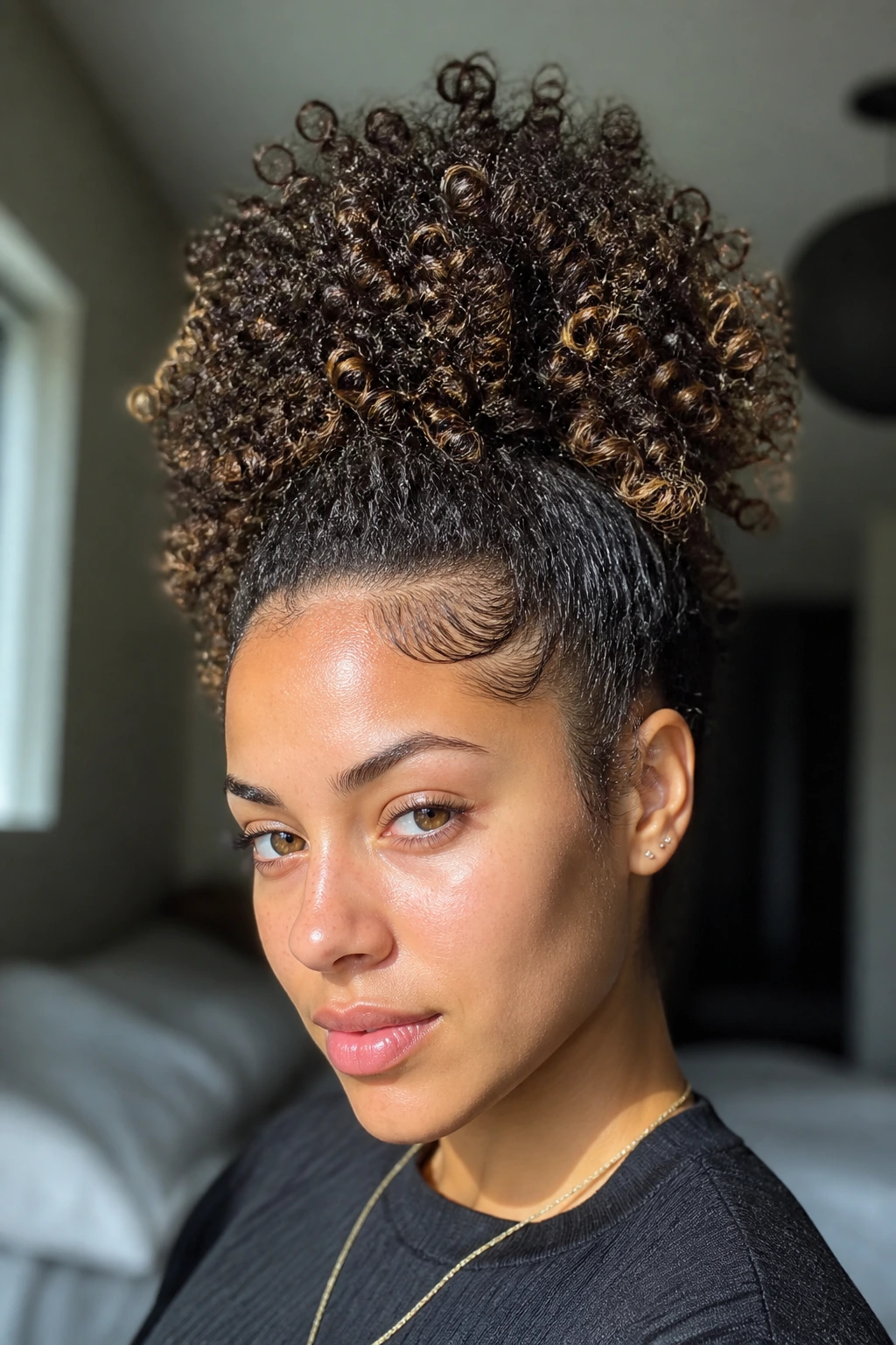 Close-up of a woman with a high pineapple puff and lowlights
