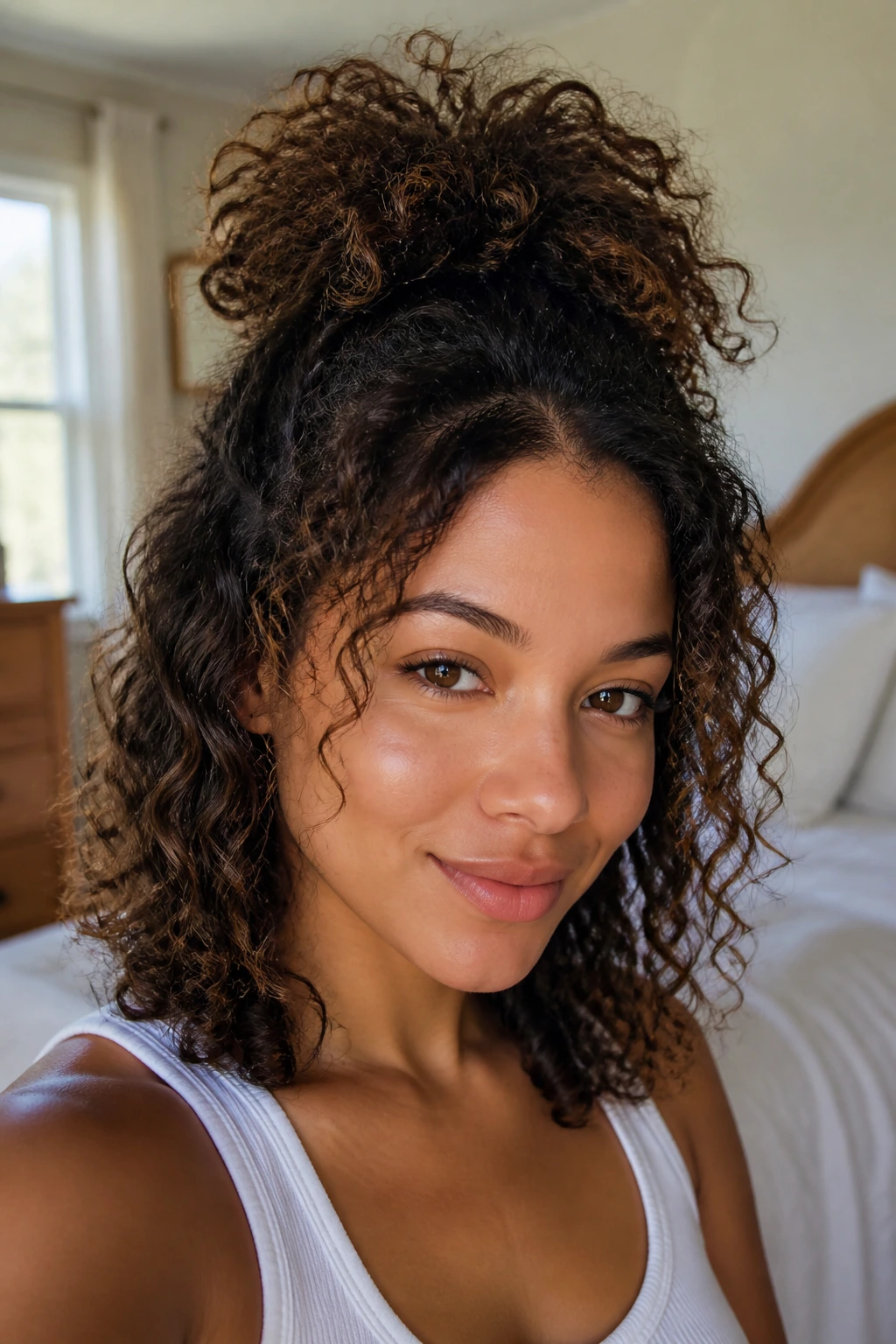 Portrait of a woman with half-up pineapple puff hairstyle