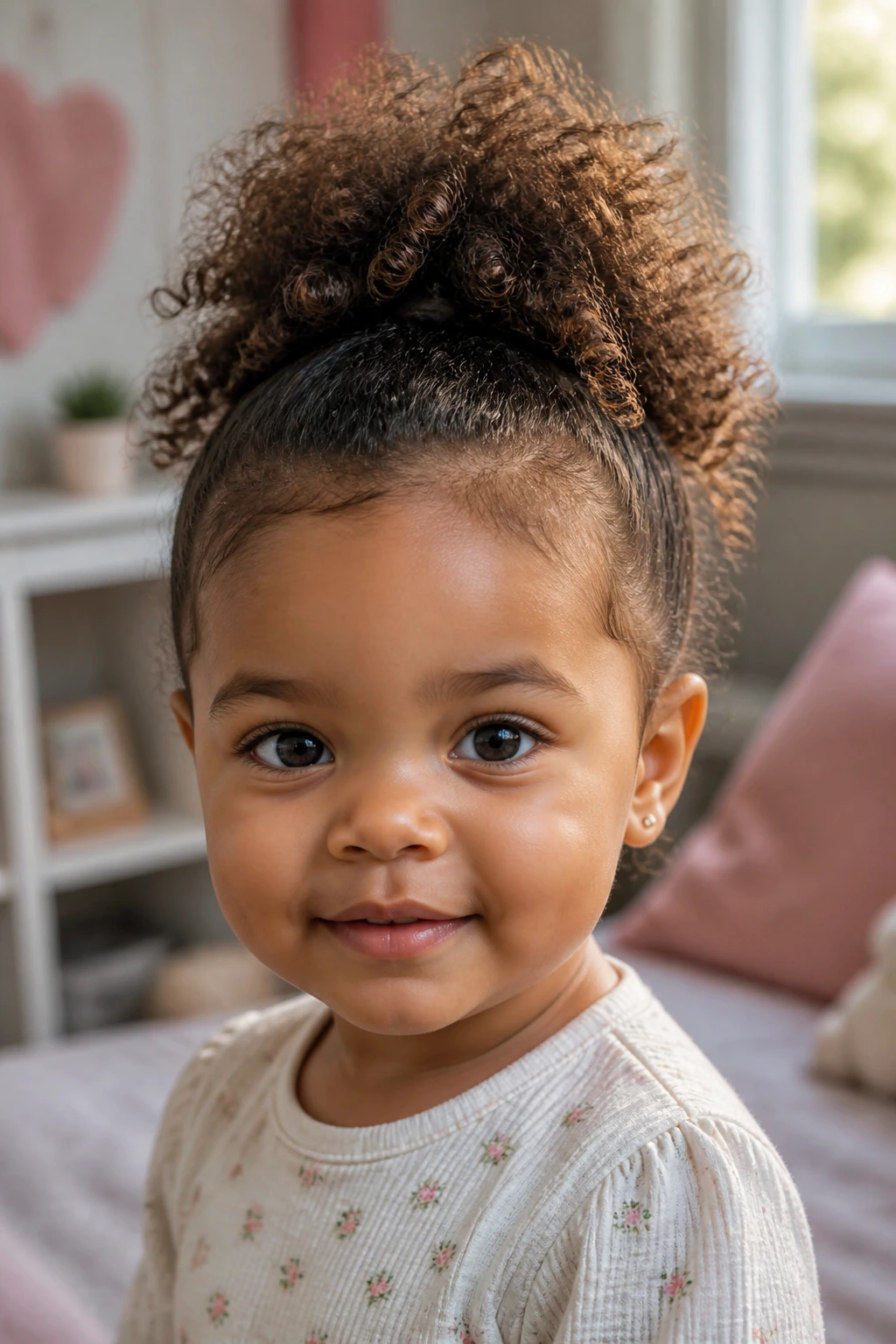 Close-up of real toddler with a high pineapple puff for shorter curls in a sunlit bedroom