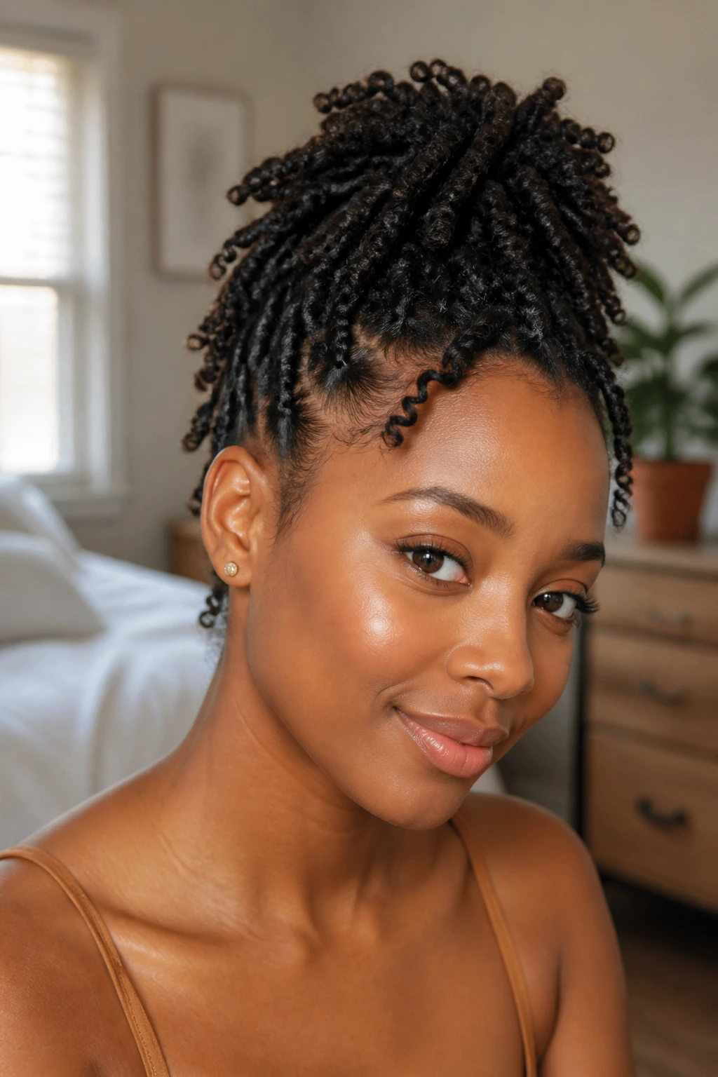Close-up of short natural hair with pineapple twist top lift.