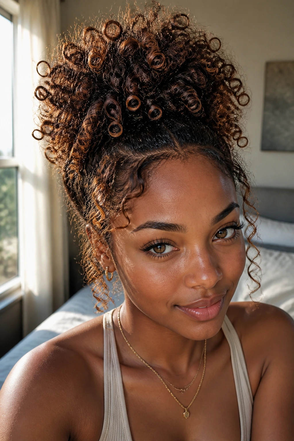 Close-up of a woman with pineapple updo and auburn glow around the perimeter