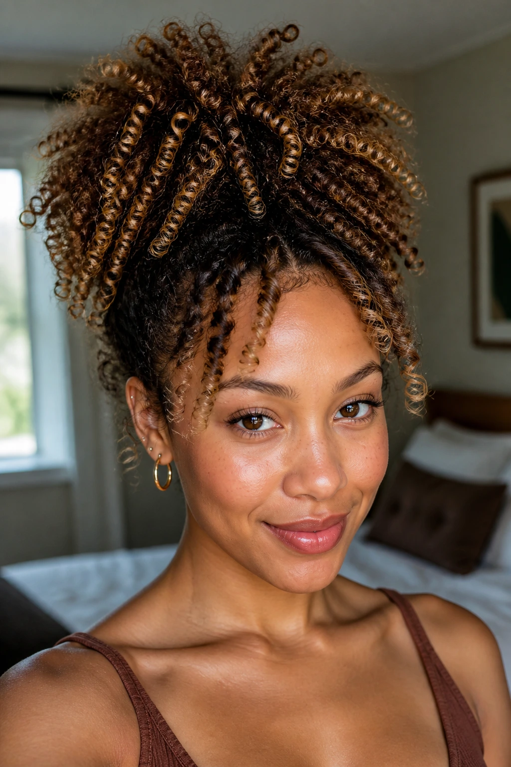 Close-up of a real woman with a pineapple updo and toned ends showing babylights