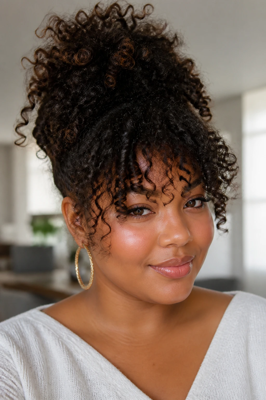 Pineapple updo with bangs on a real person