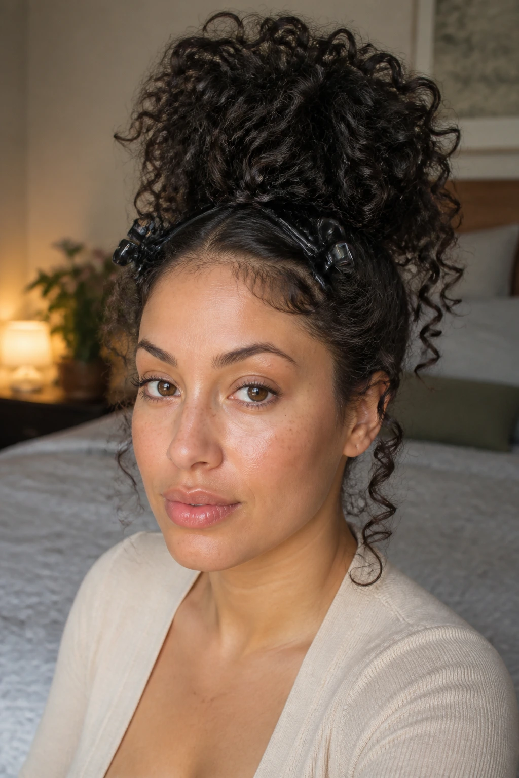 Portrait showing a loose pineapple updo for between-wash styling in natural light.
