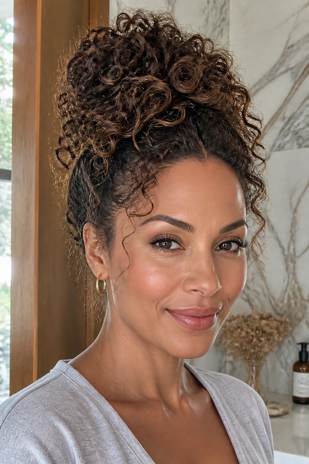 Portrait of a woman with a high pineapple updo showing curl texture.