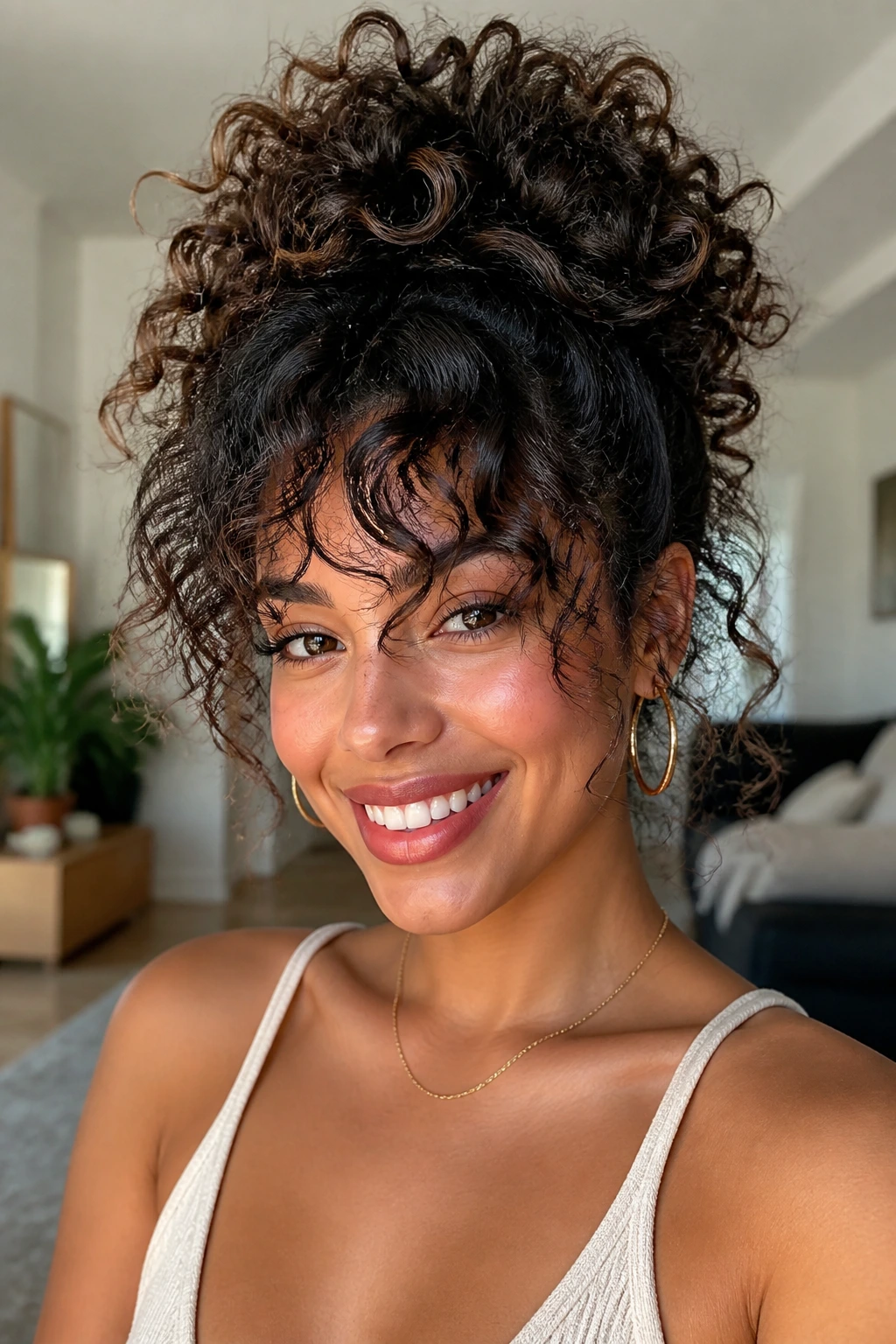 Close-up of a real woman with a pineapple updo and fluffy bangs.