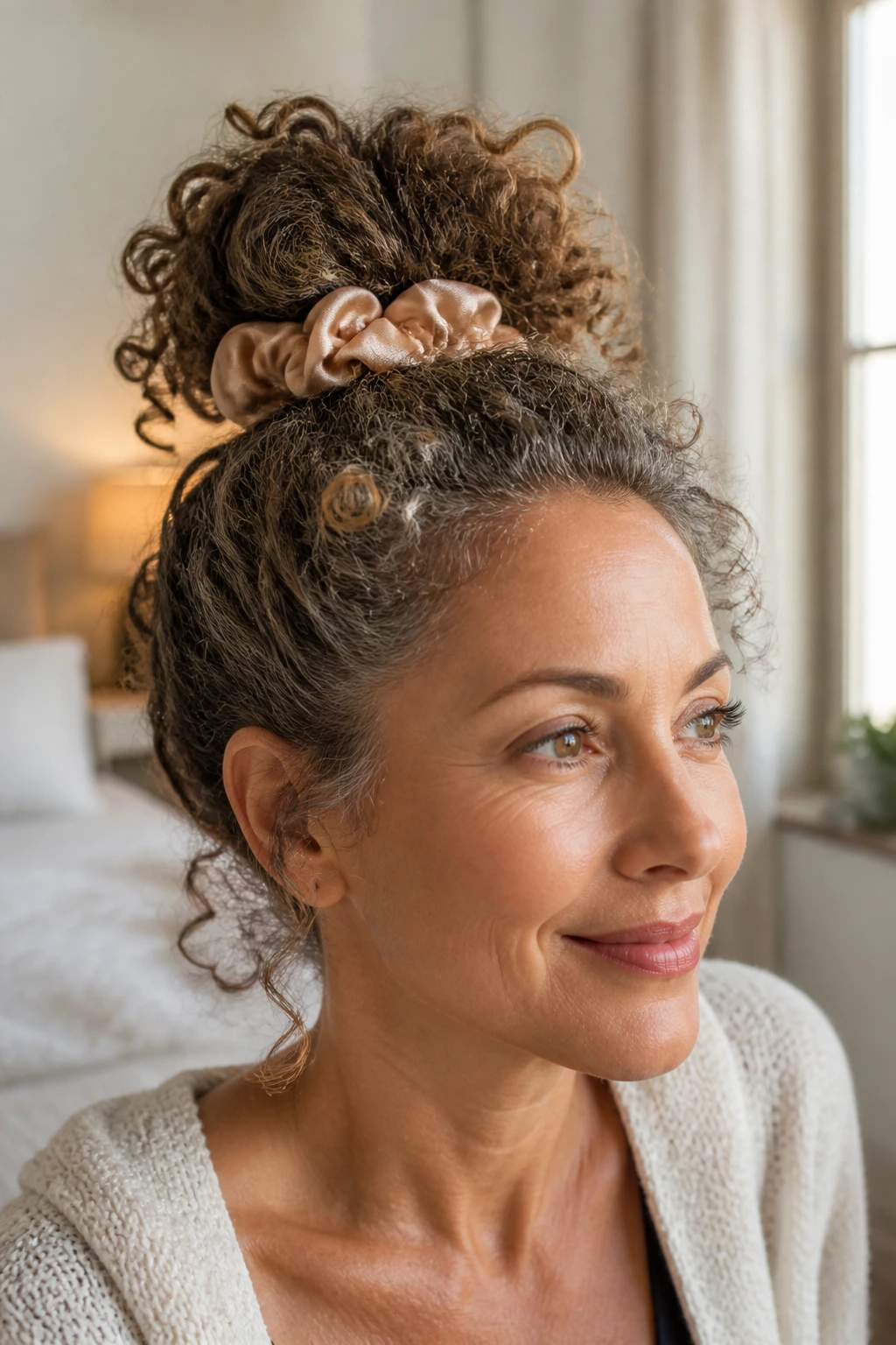 Close-up portrait of a real woman with pineapple updo and satin scrunchie in warm morning light