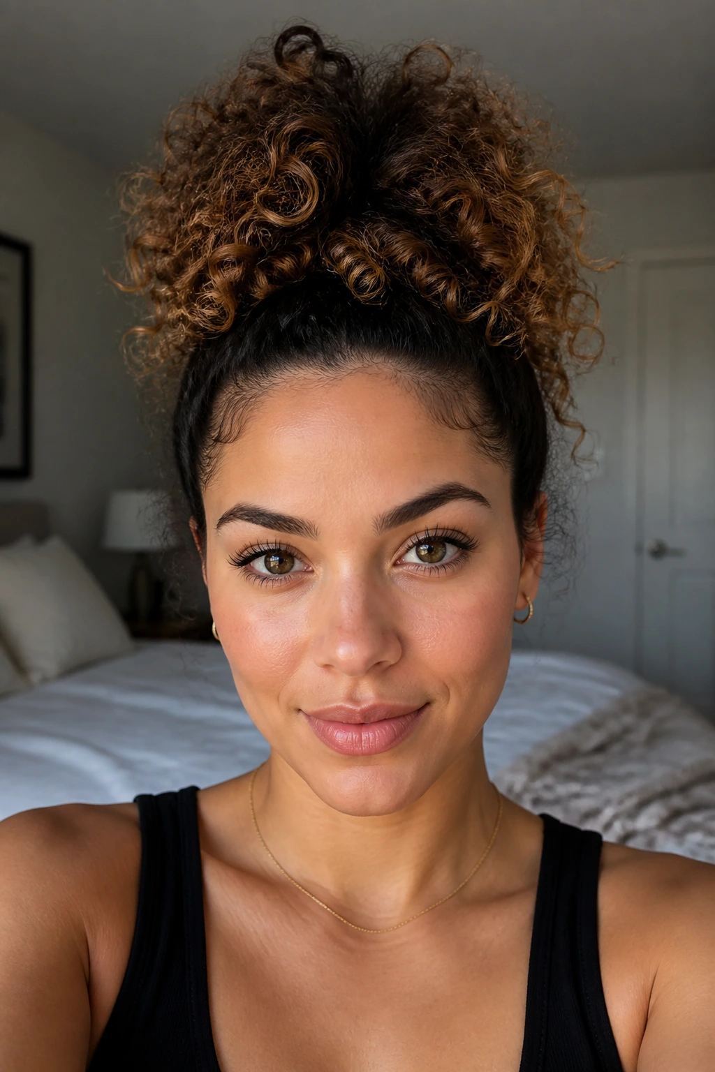 Real woman with high loose pineapple updo in soft lighting