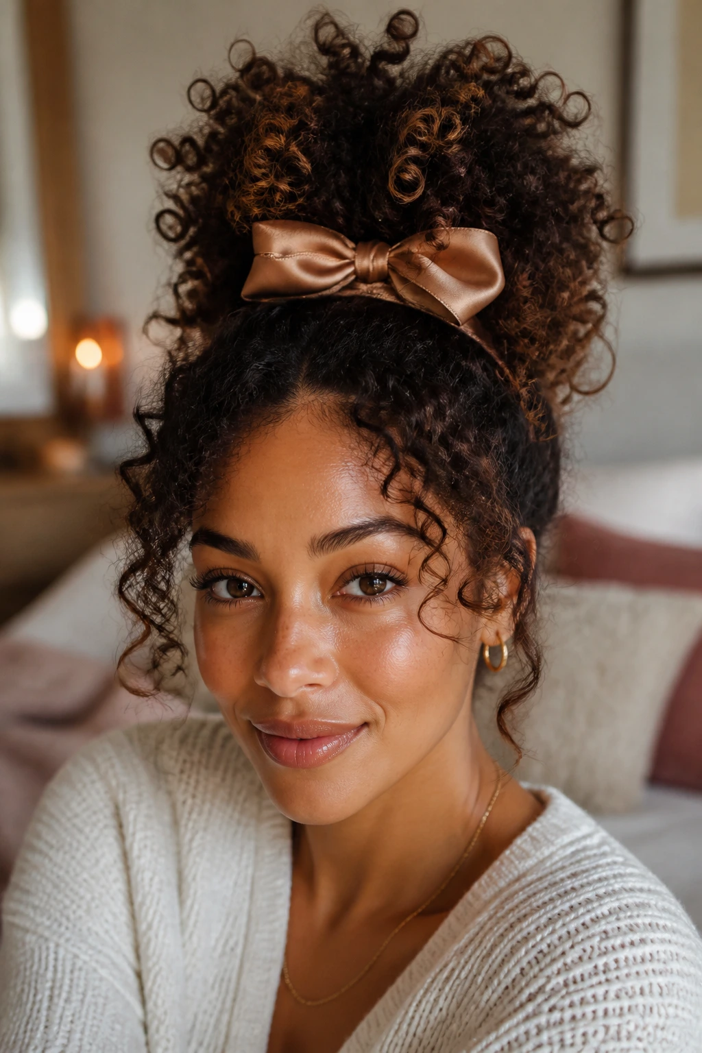 Close-up of a real woman with a pineapple updo and satin ribbon in a cozy room