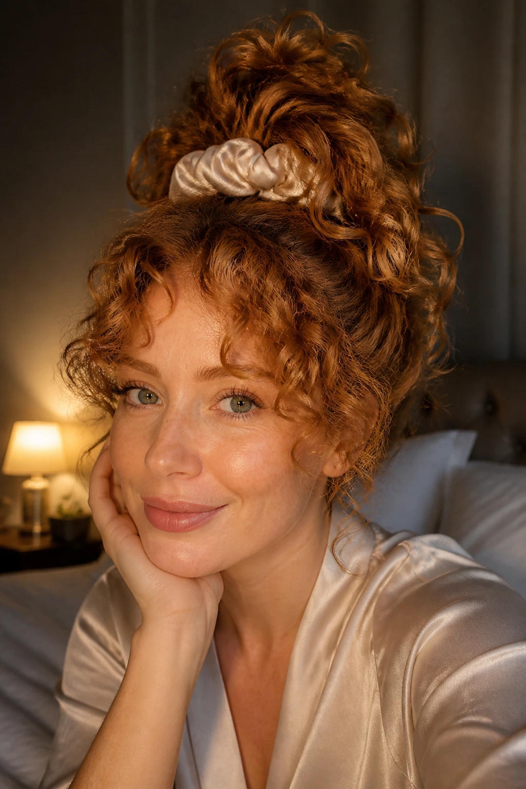 Portrait of a woman with a loose pineapple updo at night