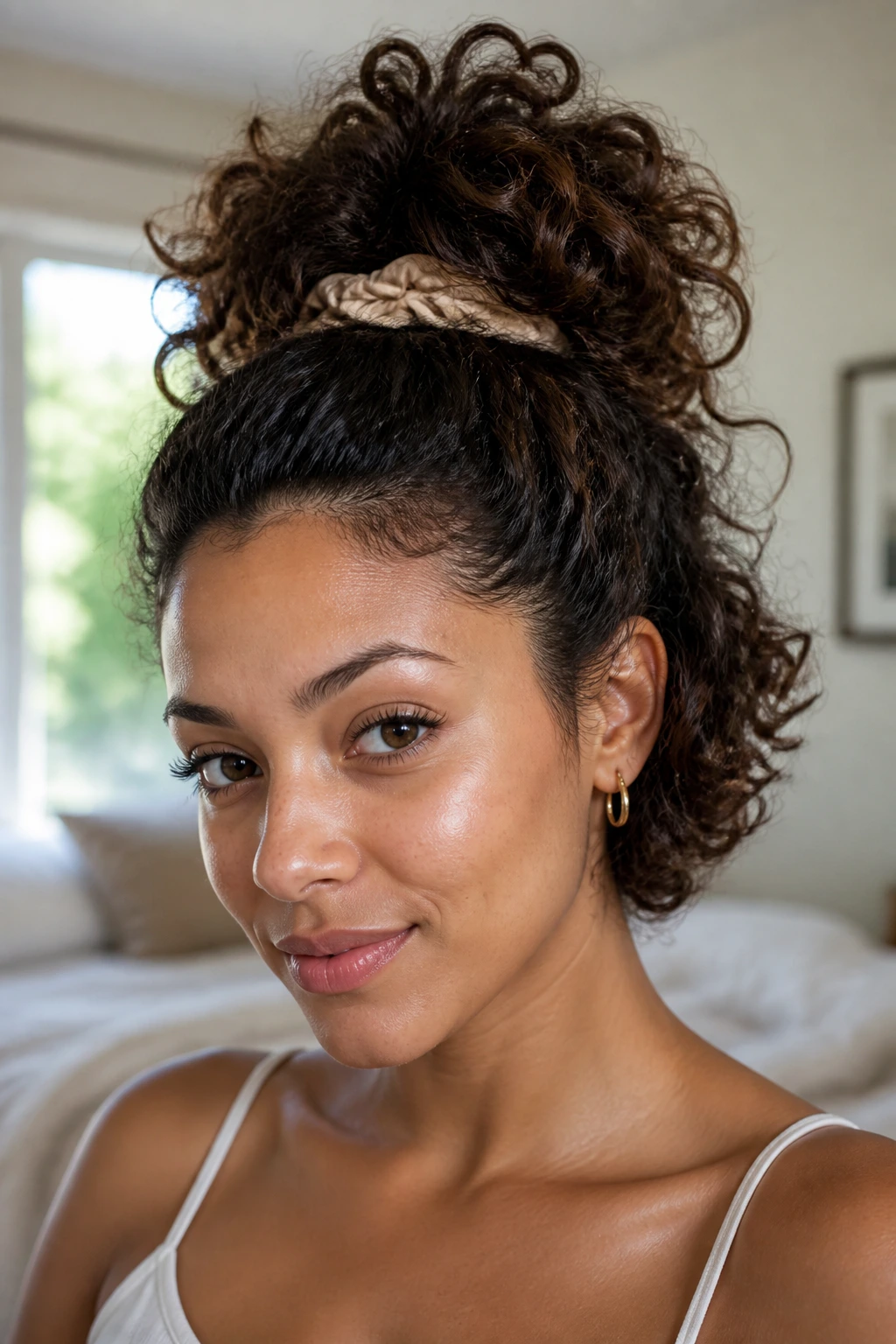 Close-up of a real woman with a pineapple updo for short curls at the crown.
