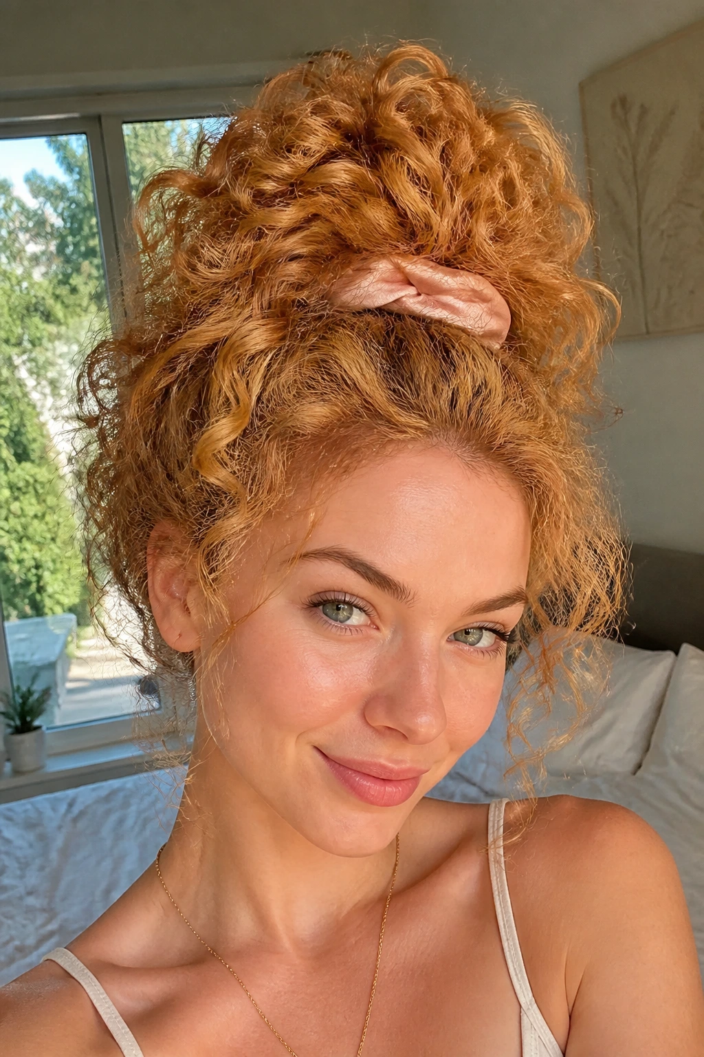 Close-up of a real woman with a high pineapple updo on strawberry-blonde hair