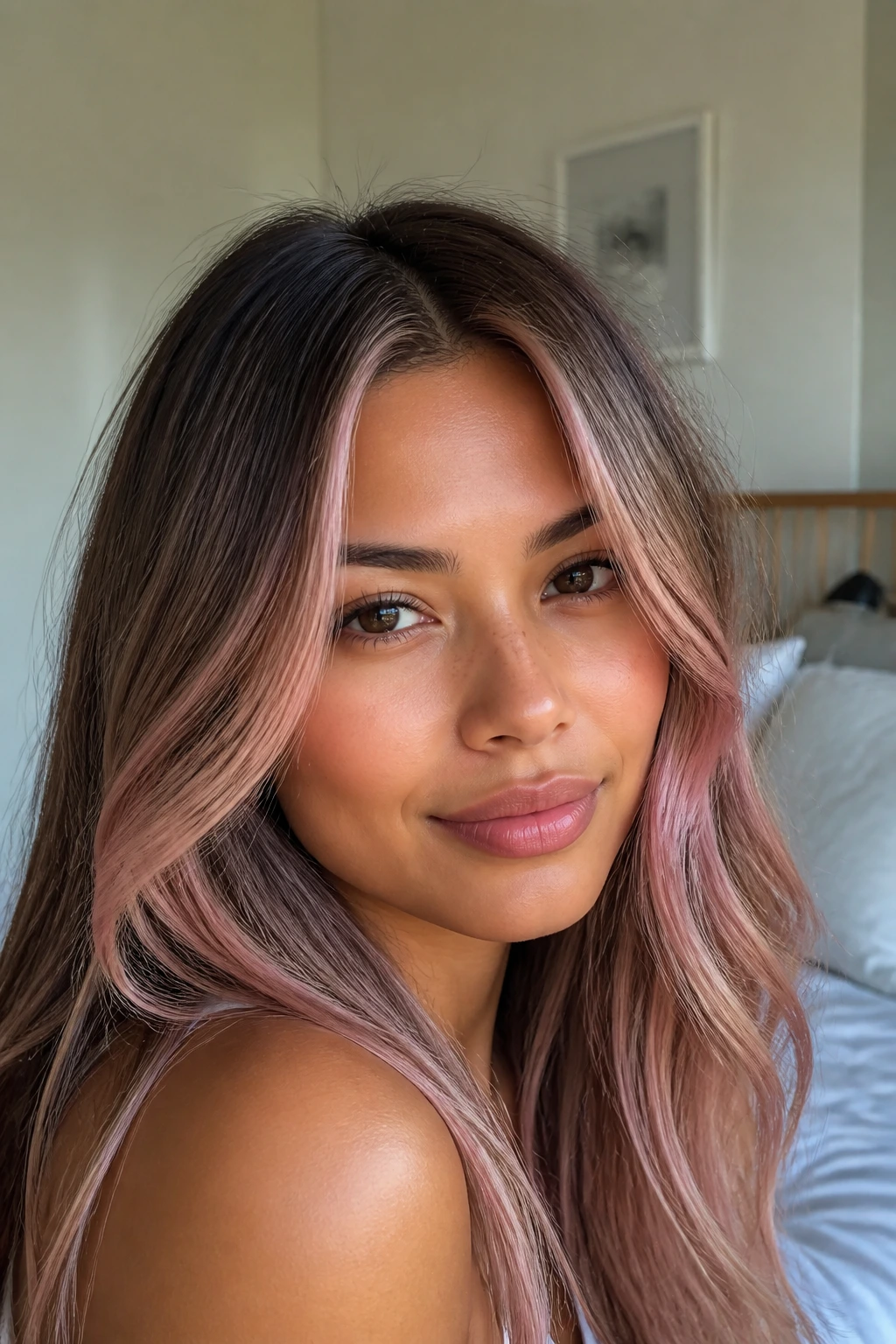 Close-up of a real woman showing pale blush pink babylights in fine hair under window light