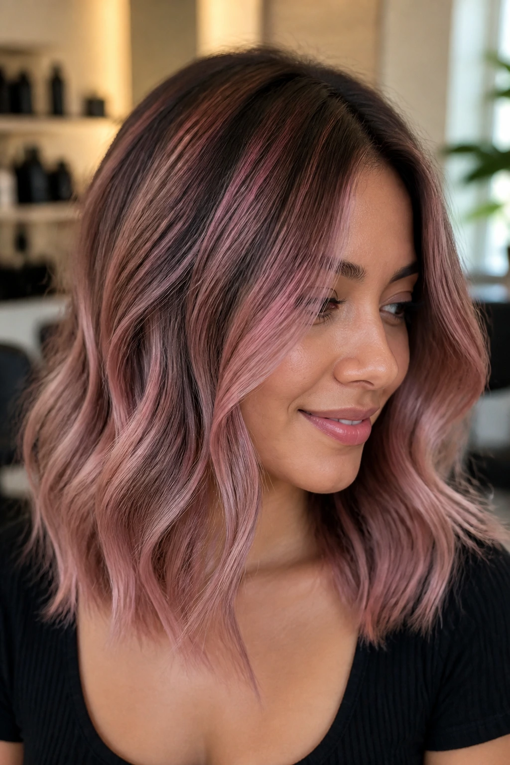 Close-up of a real woman with pink quartz foilyage hair in a warm salon