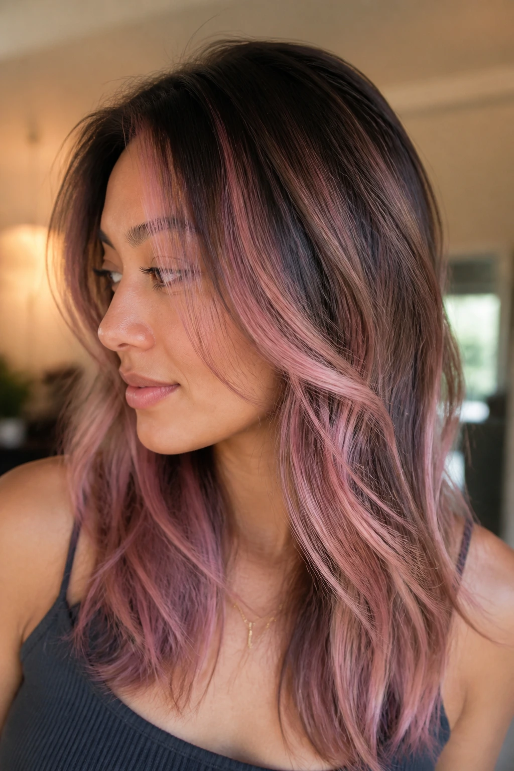 Close-up portrait of a real woman showing pink shade with root depth on fine hair in a warm indoor setting.