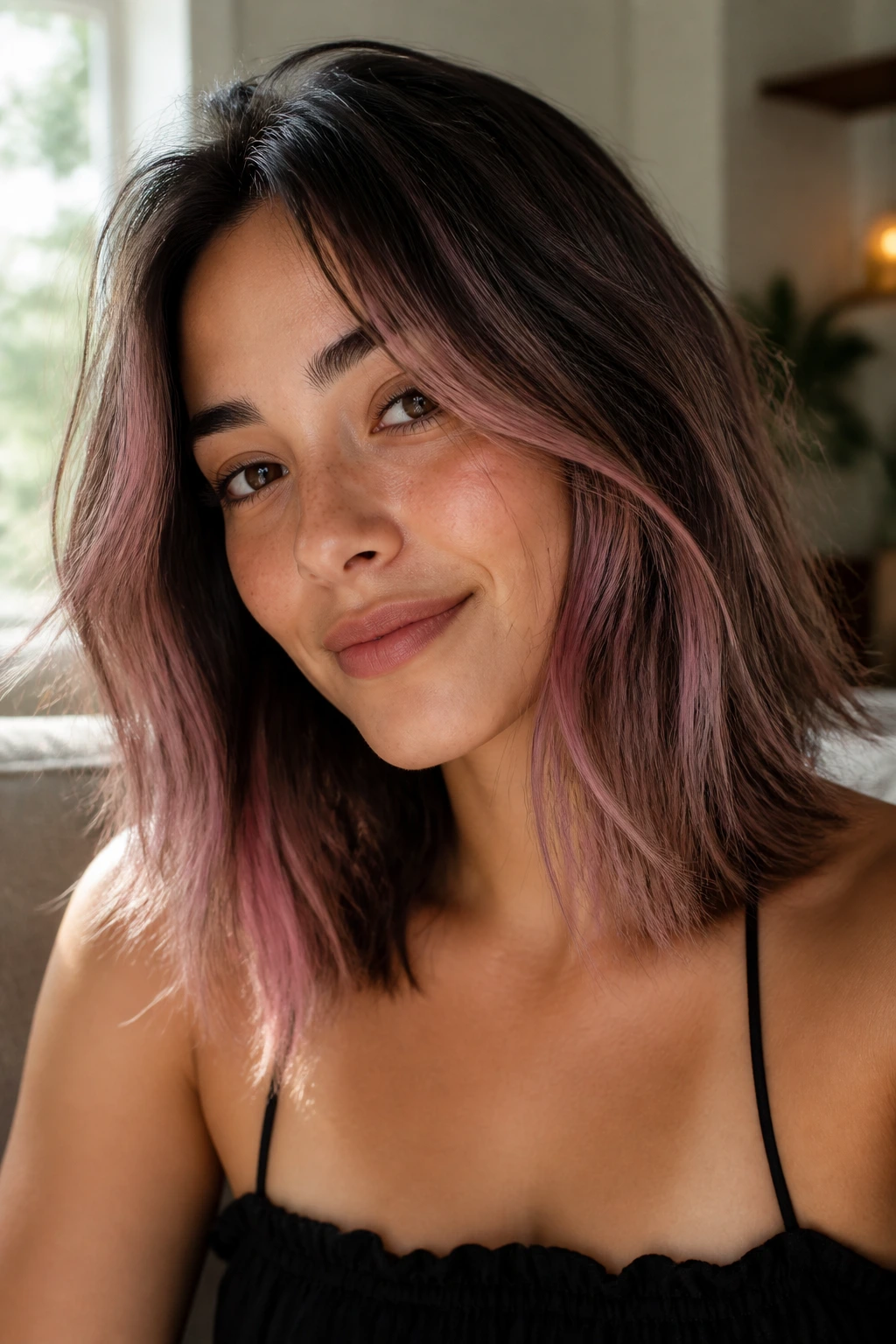 Close-up portrait of a woman with subtle pink highlights in fine hair under warm window light