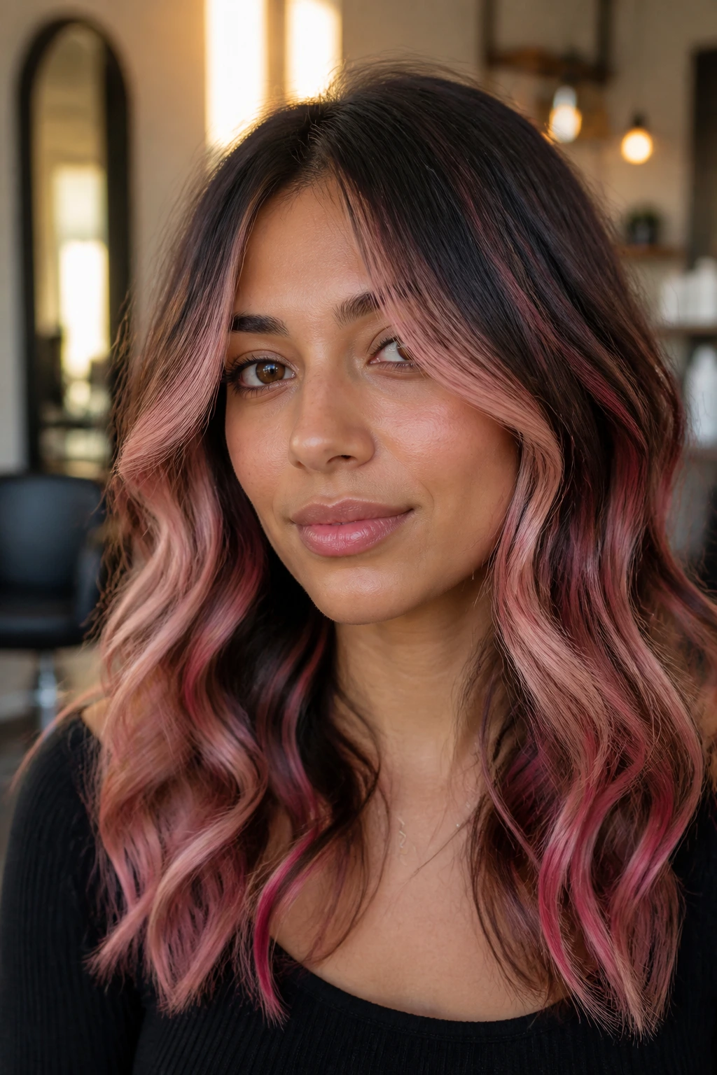 Portrait of a real woman with pink highlights in loose waves demonstrating how the color shows