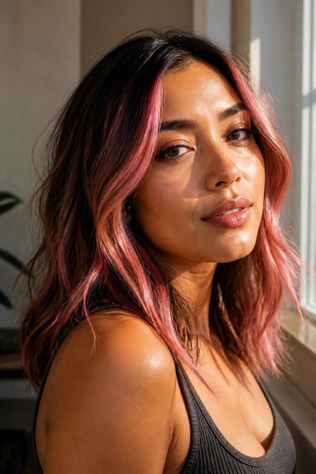 Close-up portrait showing pink-toned hair on medium skin with natural makeup