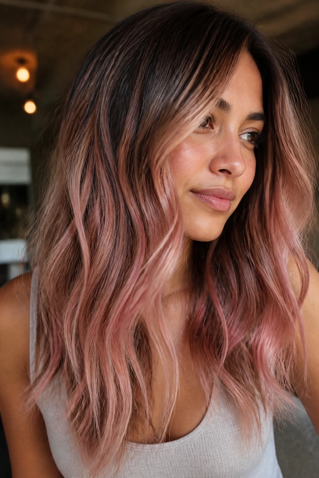Close-up of a real woman with pink sand balayage on medium skin tone