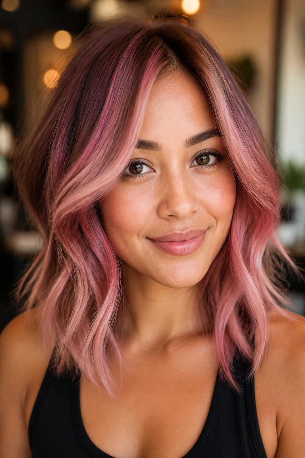 Portrait of a real woman with hair showing multiple pink variation tones across strands