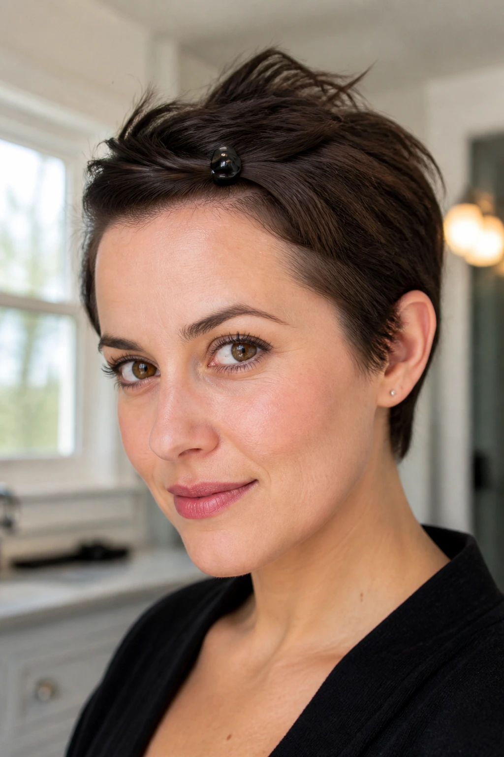 Close-up of a real person with pinned-back bangs and a textured top