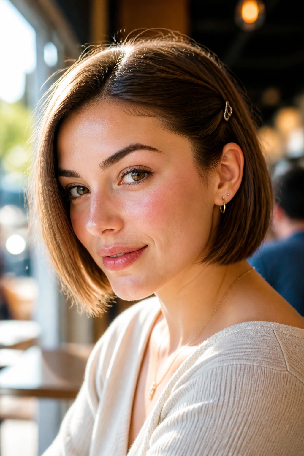 Close-up of a real woman with a pinned-back chin-length bob and side tuck