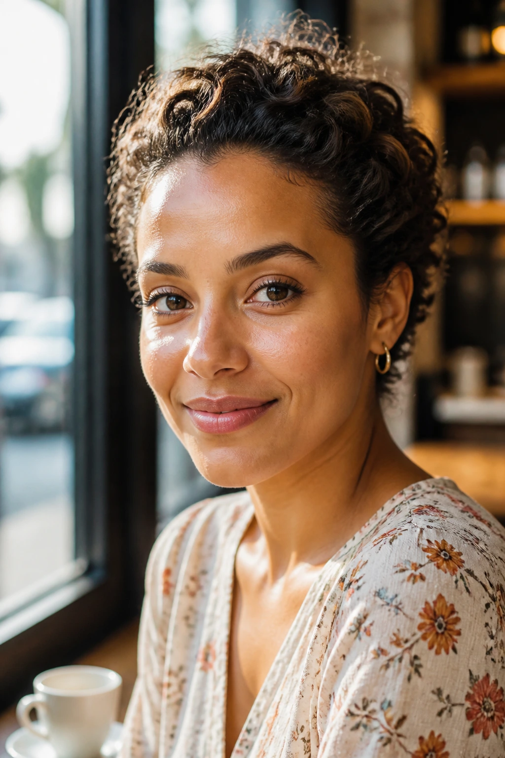 Close-up portrait of a real woman with a pinned-back crown twist in a cafe window scene