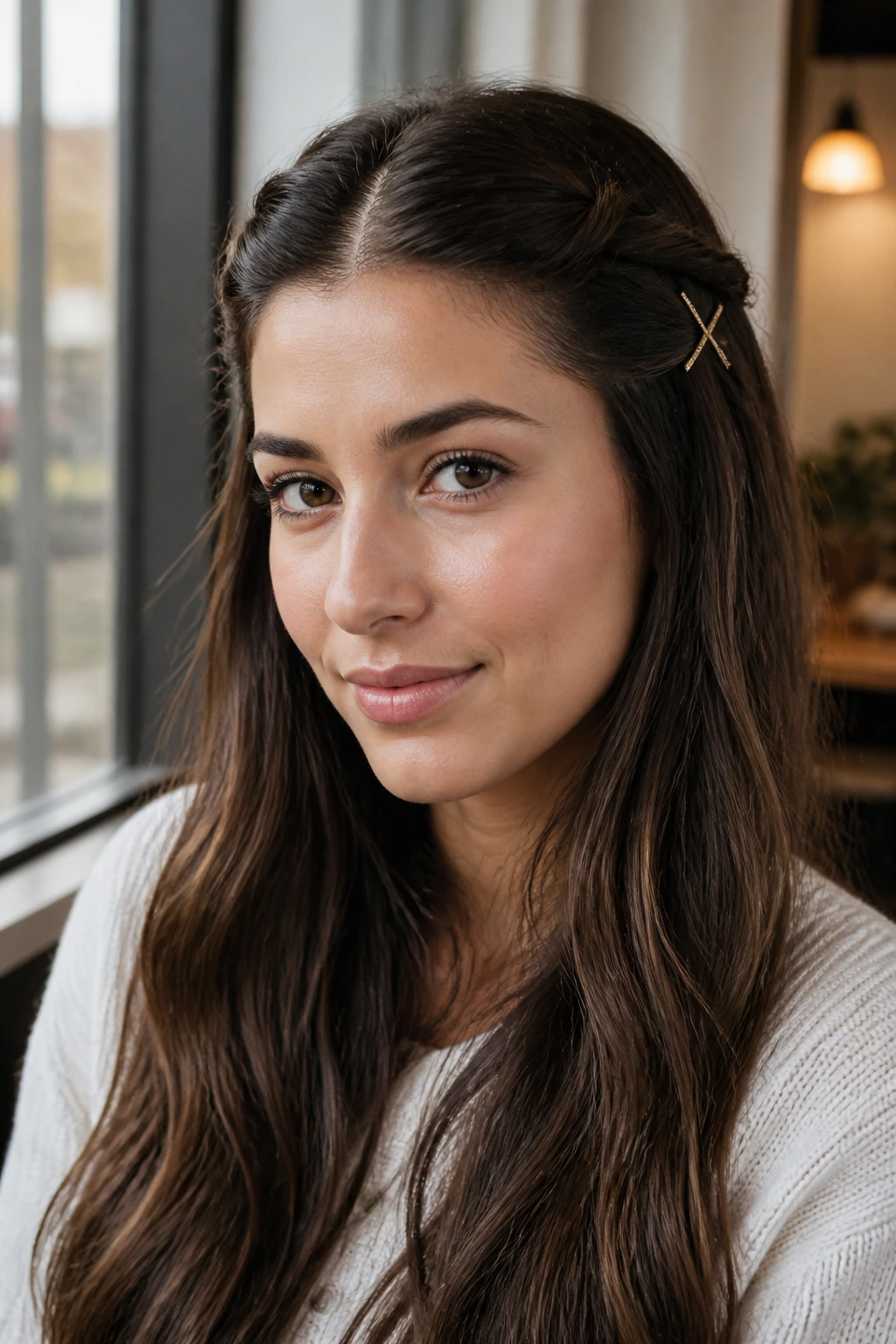 Close-up of a real woman with pinned-back front sections hairstyle