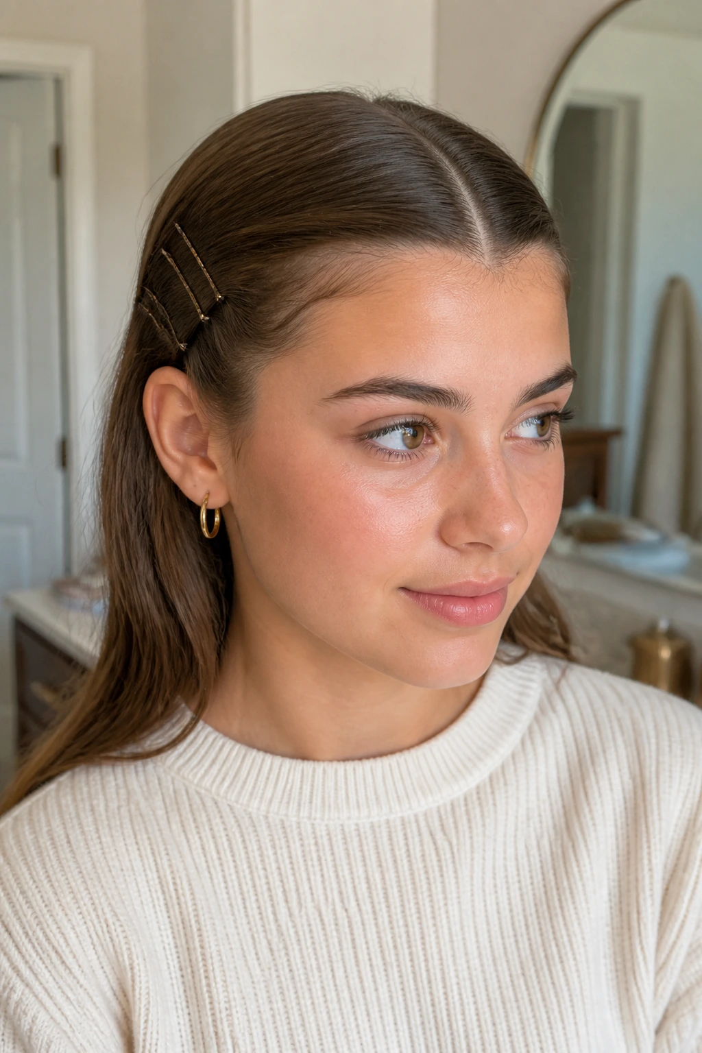 Real person with pinned-back front pieces behind ears and clean part.