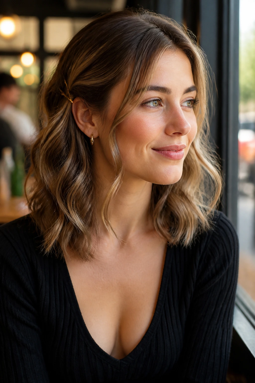 Close-up portrait of real woman with pinned-back sides and loose waves