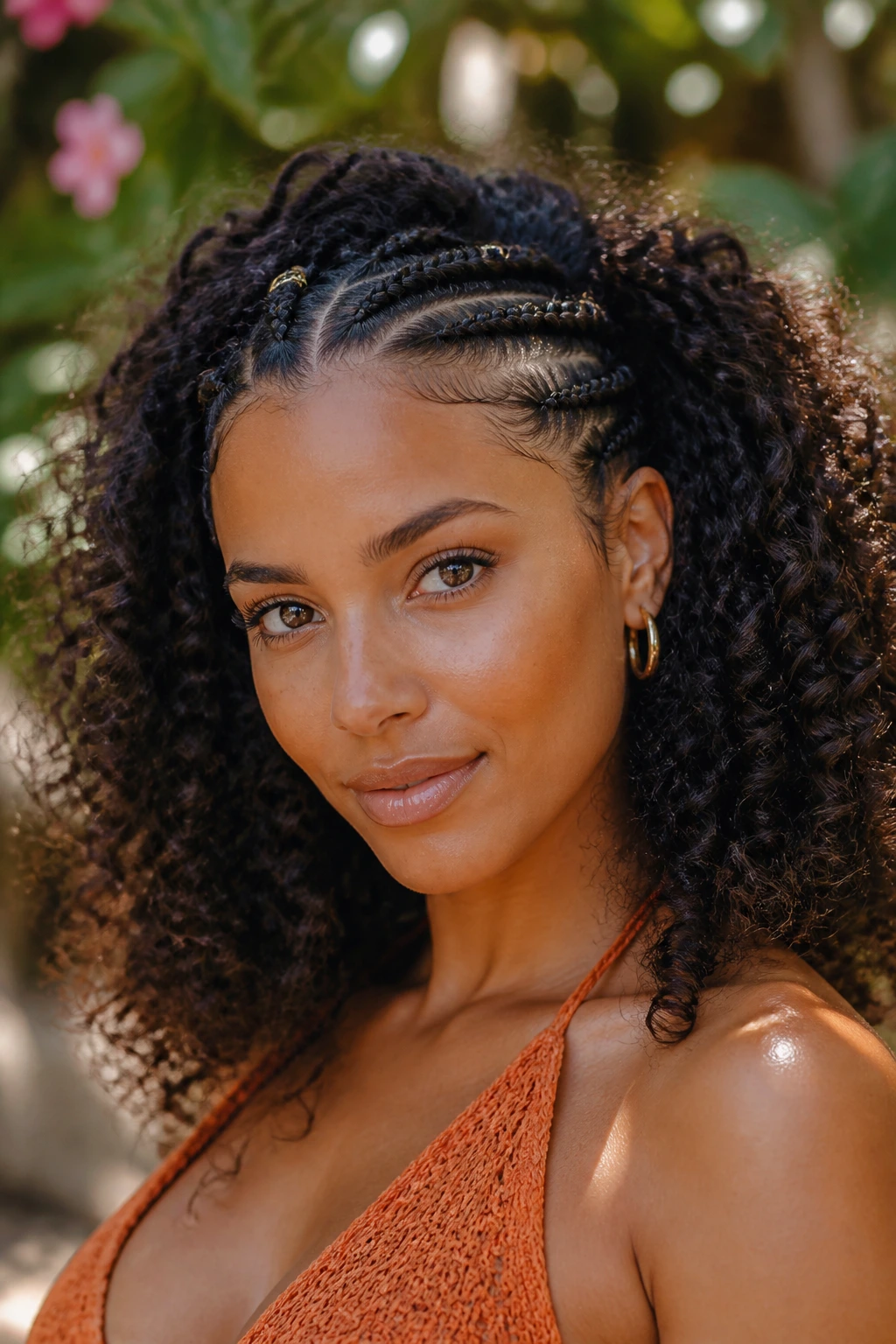 Close-up of a real woman with mini braids pinned back and voluminous curls