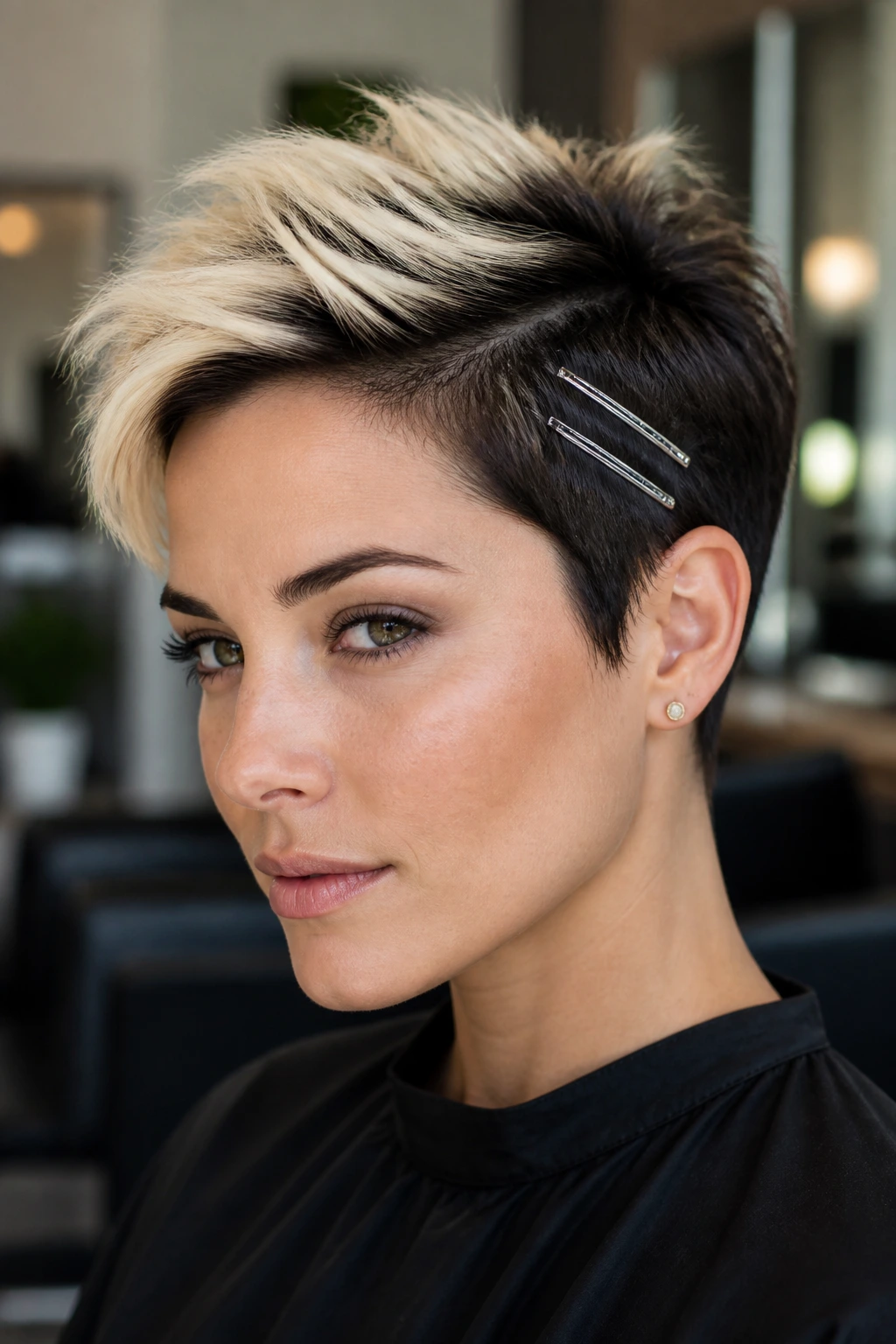 Close-up of a real woman with Arctic Pinned-Back Pixie hairstyle featuring dark hair and pale platinum tones.