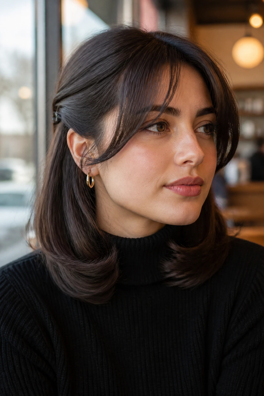 Close-up of a real woman with a pinned-back retro flip and curtain bangs