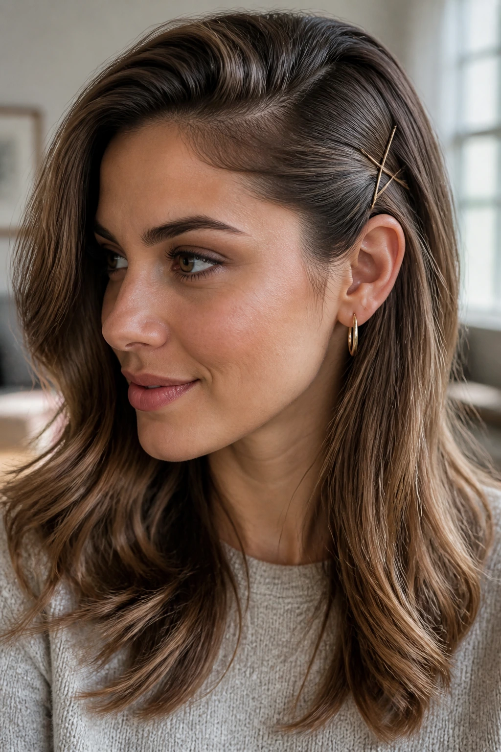 Close-up of a real woman with a pinned-back side sweep and crossed bobby pins.