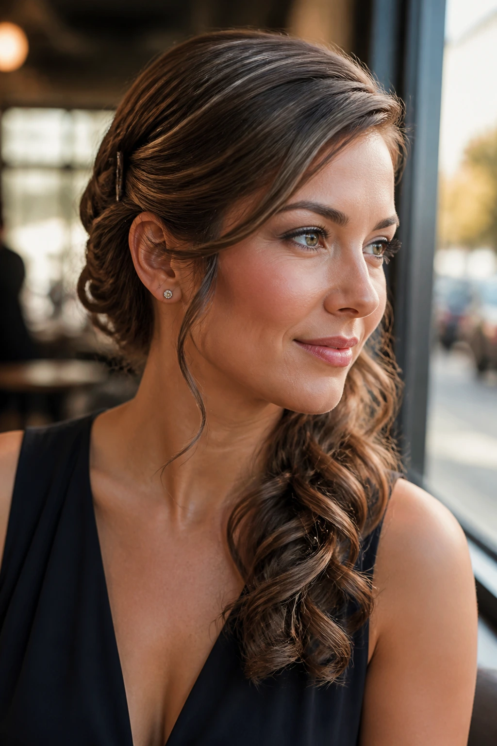 Close-up of a woman with pinned-back side sweep and loose curls