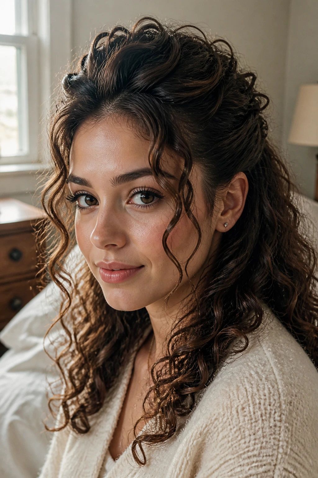 Three-quarter portrait of woman with pinned-back sides and soft crown puff in warm window light