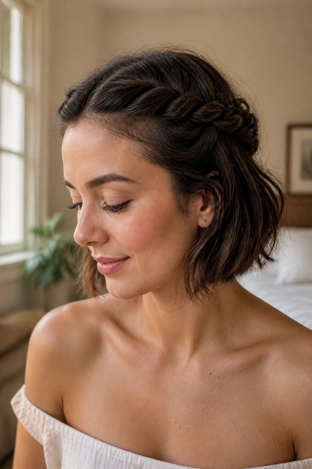 Close-up of a real woman with pinned-back twists at the temples and loose wavy hair.