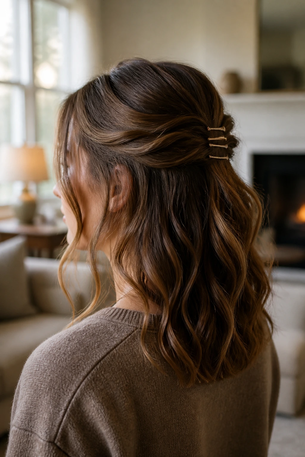 Back/side close-up of a real woman with three pins pinning back waves
